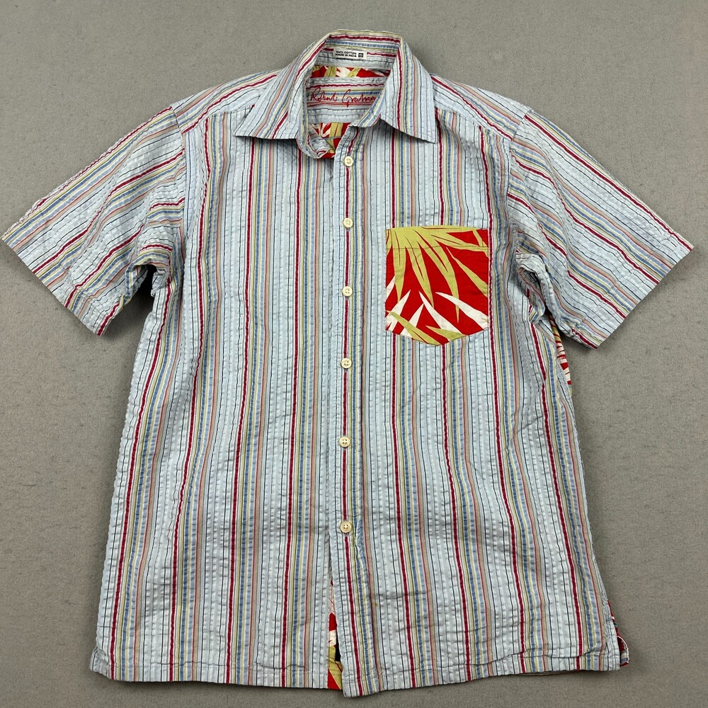 Robert Graham Shirt Men Small Blue Stripe Floral Hawaiian Button Up Pocket S